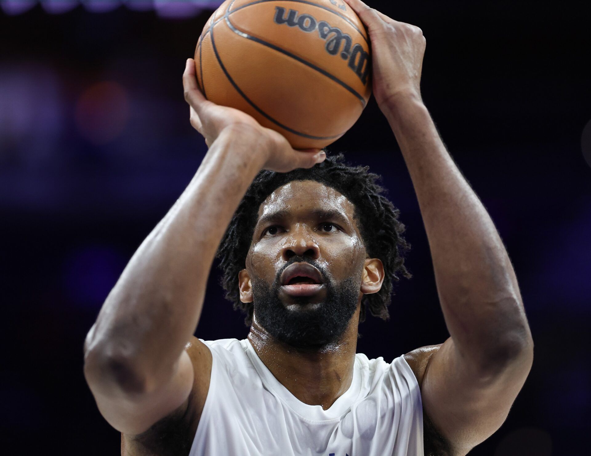 Philadelphia 76ers Joel Embiid practices before his team takes the court for a game against the Sacramento Kings at Wells Fargo Center.