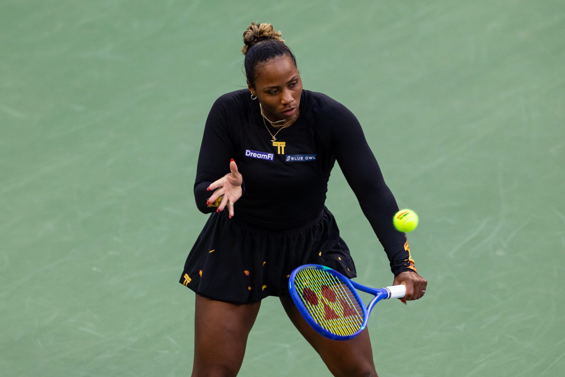 Taylor Townsend of the United States and Katerina Siniakova of Czech Republic in action against Venus Williams of the United States and Leylah Fernandez of Canada in the quarterfinal of the womenÕs doubles at the US Open at Louis Armstrong Stadium in Billie Jean King National Tennis Center.