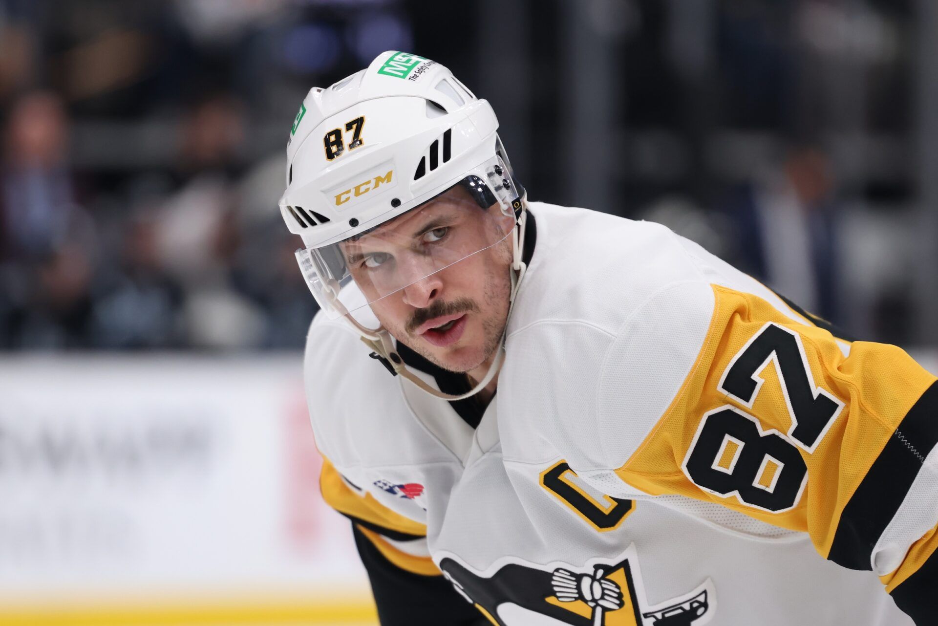 Pittsburgh Penguins center Sidney Crosby (87) waits for a faceoff against the Utah Hockey Club during the third period at Delta Center.