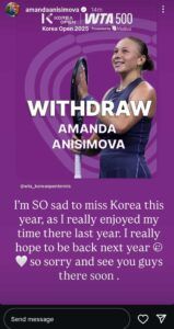 Amanda Anisimova's Instagram story announcing her withdrawal from the 2025 Korean Open