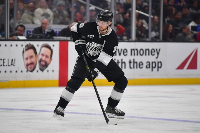 Los Angeles Kings right wing Adrian Kempe (9) controls the puck against the Anaheim Ducks during the second period at Crypto.com Arena.