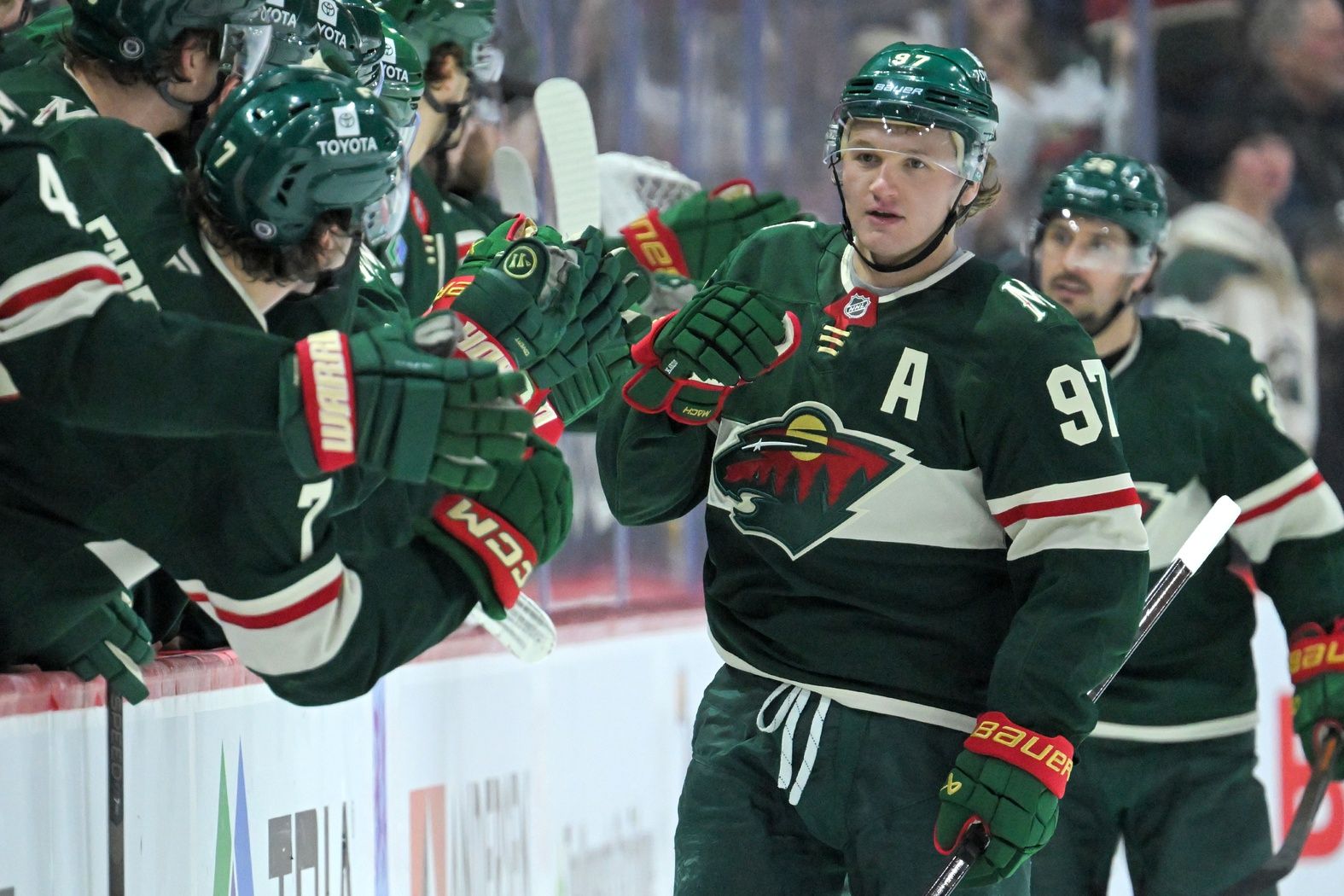 Minnesota Wild forward Kiril Kaprizov (97) celebrates his power play goal against the San Jose Sharks during the second period at Xcel Energy Center.