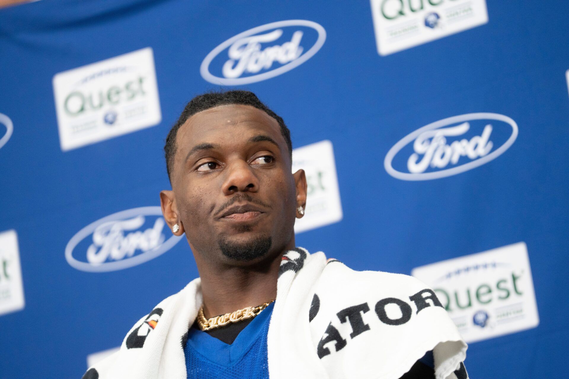 New York Giants wide receiver Malik Nabers (1) speaks during a press conference during day one of the New York Giants training camp at Quest Diagnostics Giants Training Center in East Rutherford on Wednesday, July 23, 2025.