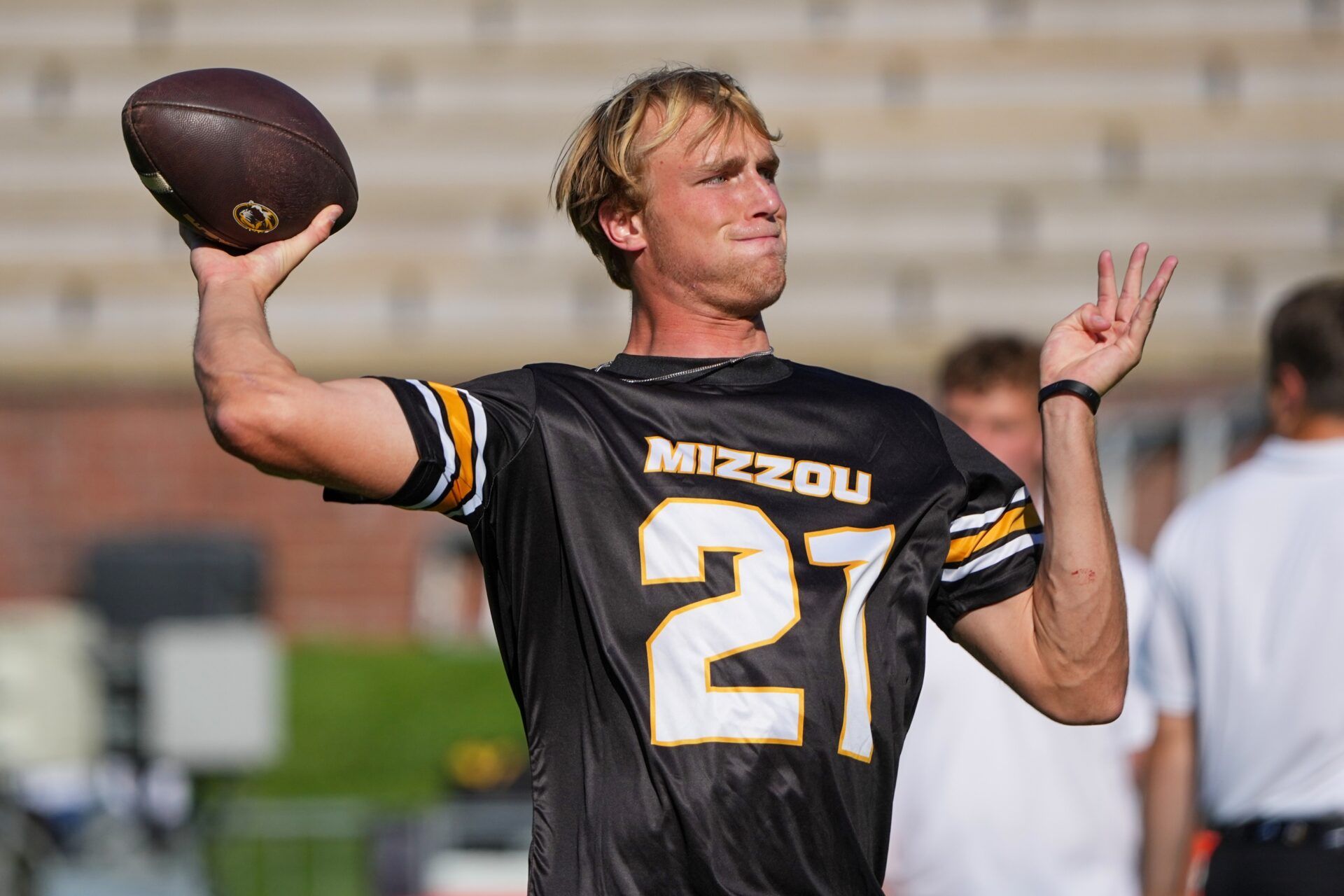 Missouri Tigers quarterback Sam Horn (21) warms up against the Central Arkansas Bears prior to a game at Faurot Field at Memorial Stadium.