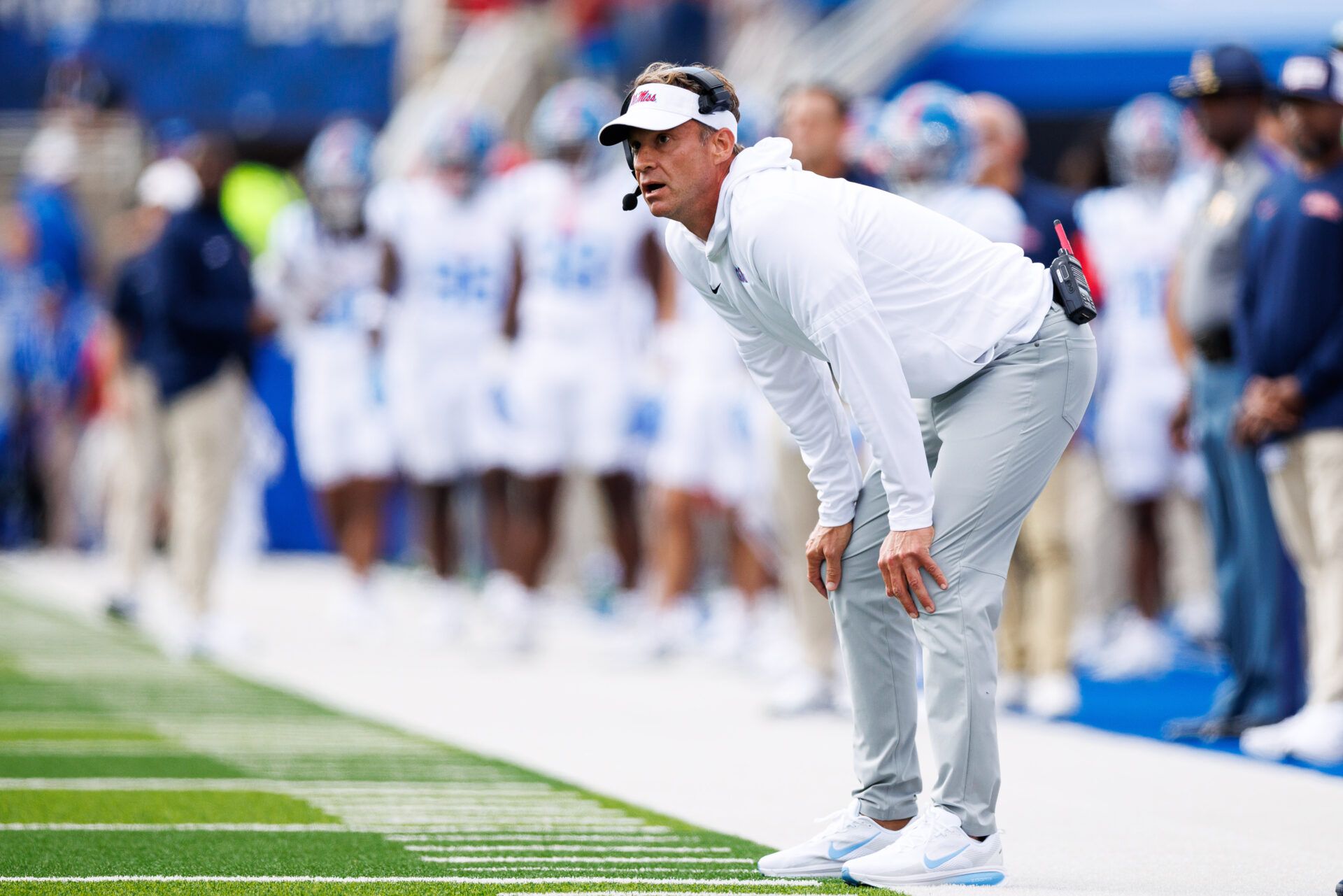 Mississippi Rebels head coach Lane Kiffin looks on during the second quarter against the Kentucky Wildcats at Kroger Field.