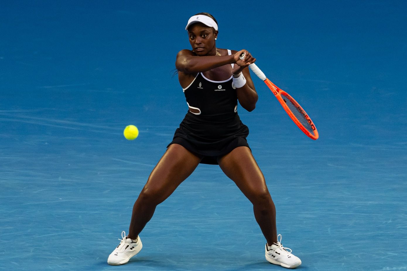 Sloane Stephens of United States of America hits a forehand during her match against Aryna Sabalenka in the first round of the women's singles at the 2025 Australian Open at Melbourne Park.