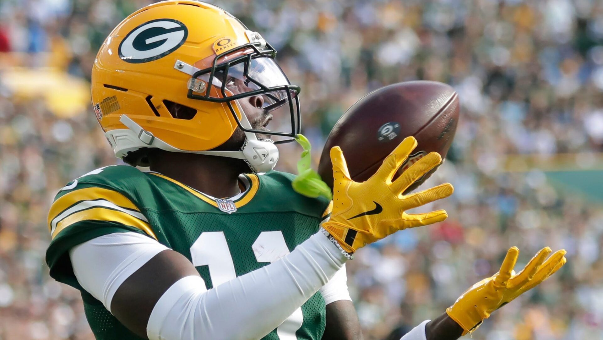 Green Bay Packers wide receiver Jayden Reed (11) catches a second quarter touchdown pass against the Detroit Lions on Sunday, September 7, 2025, at Lambeau Field in Green Bay, Wis. 
Wm. Glasheen USA TODAY NETWORK-Wisconsin