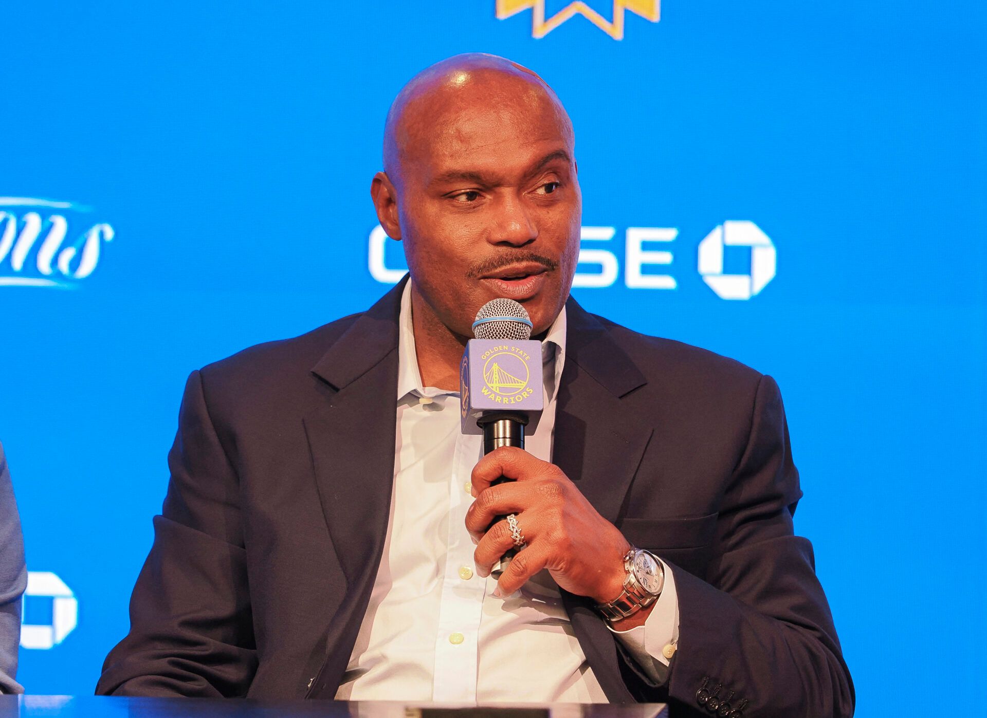 Former Golden State Warriors player Tim Hardaway speaks to the media before the game against the San Antonio Spurs at Chase Center.