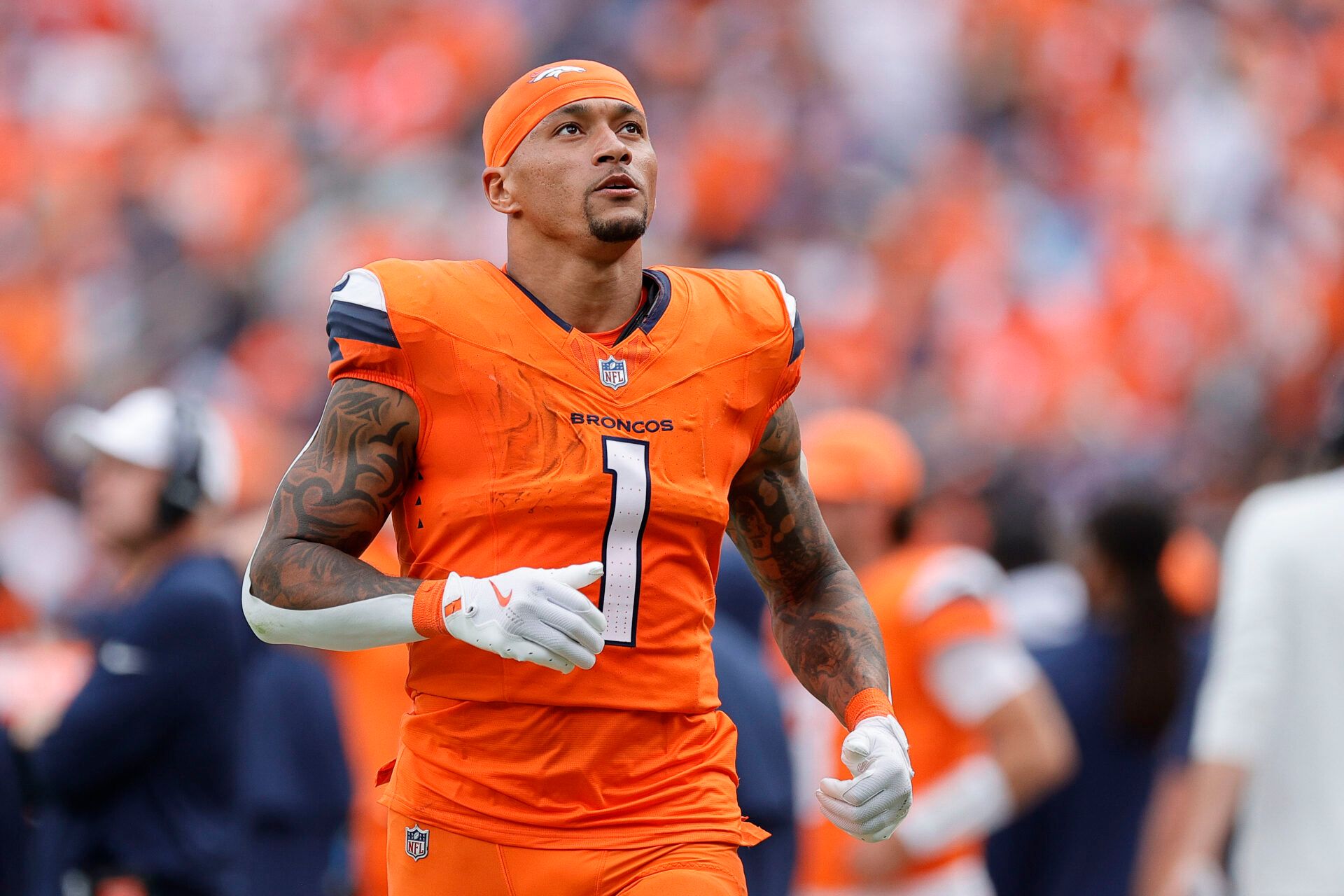 Denver Broncos tight end Evan Engram (1) in the second half at Empower Field at Mile High.