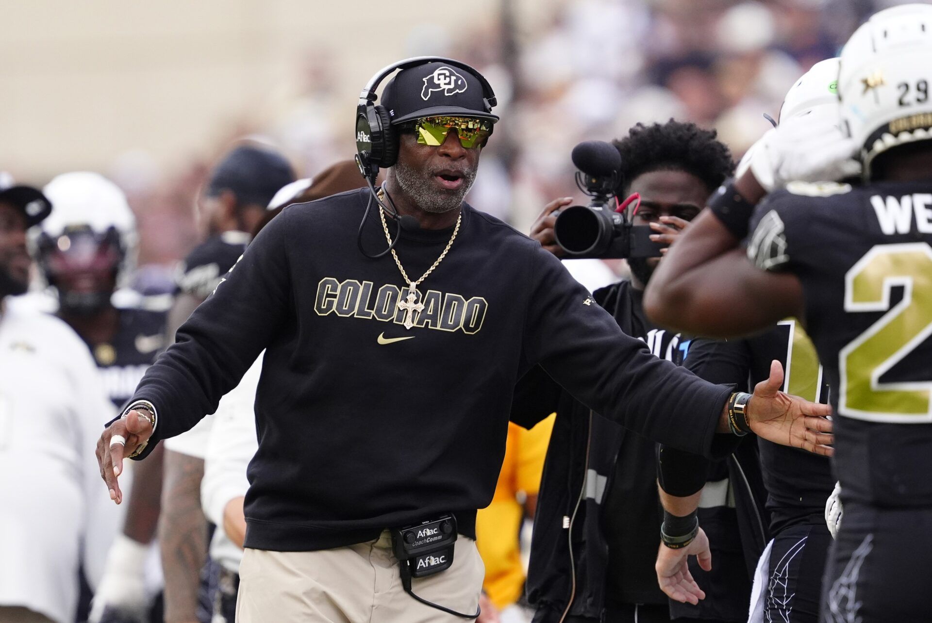 Colorado Buffaloes head coach Deion Sanders during the second half against the Delaware Fightin Blue Hens at Folsom Field.