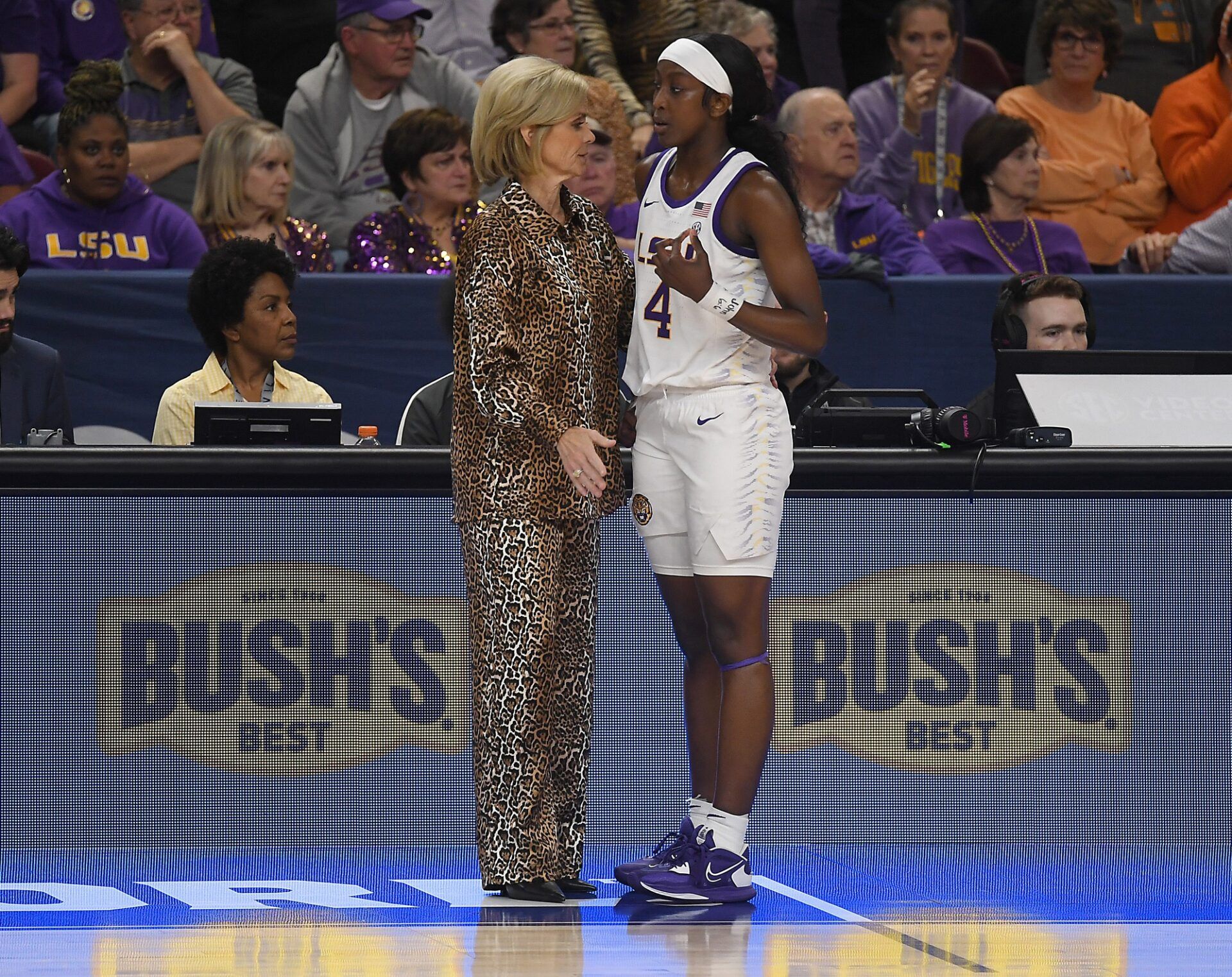 Georgia took on LSU in the SEC Women's Basketball Tournament  quarterfinals at the Bon Secours Wellness Arena in Greenville, S.C. Friday, March 3, 2023. Louisiana State University Coach Kim Mulkey and Louisiana State University guard Flau'jae Johnson (4) on the court.

2023 South Eastern Confernce Women S Basketball Tournament At Bon Secours Wellness Arena In Greenville Sc Sec