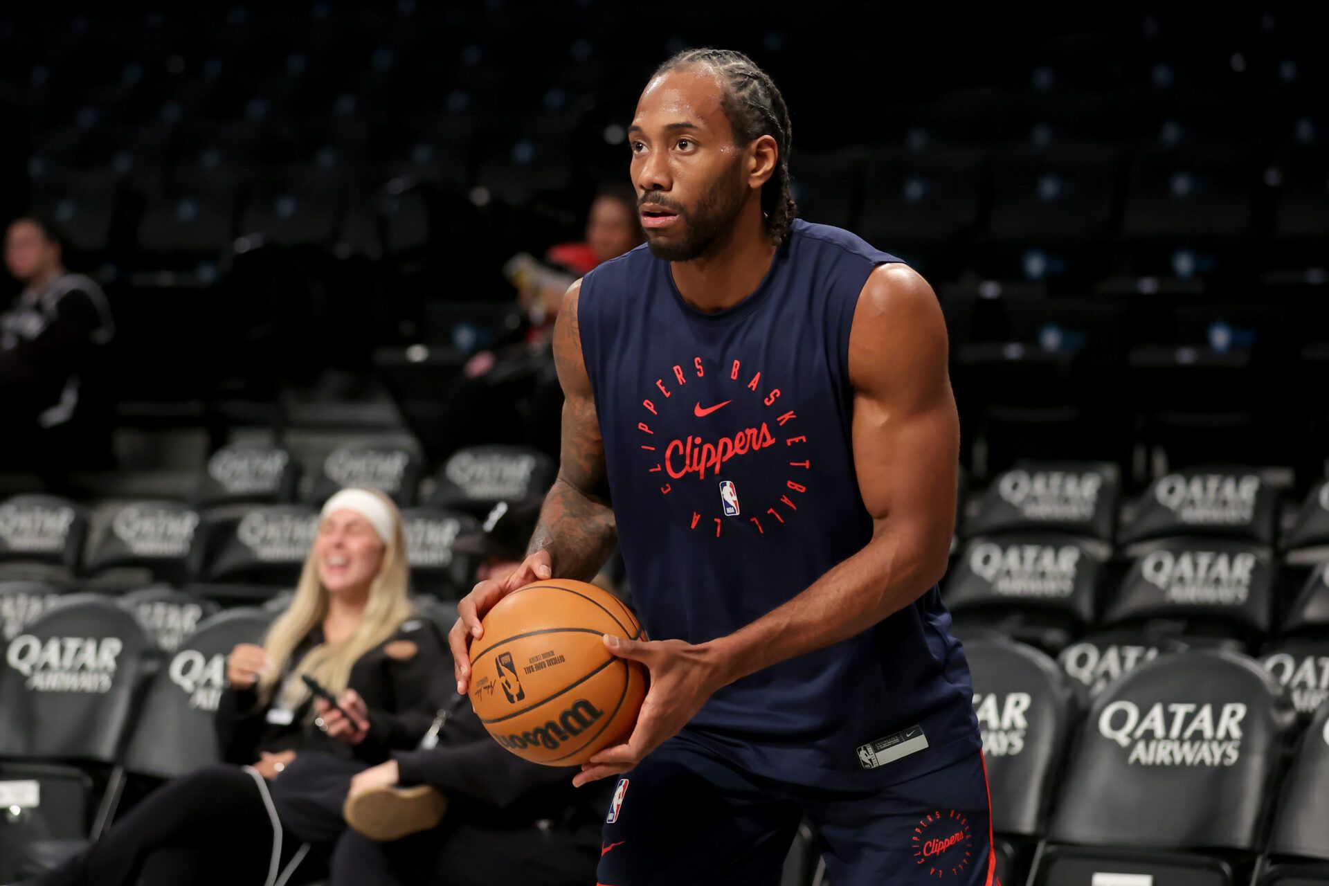 Los Angeles Clippers forward Kawhi Leonard (2) warms up before a game against the Brooklyn Nets at Barclays Center.
