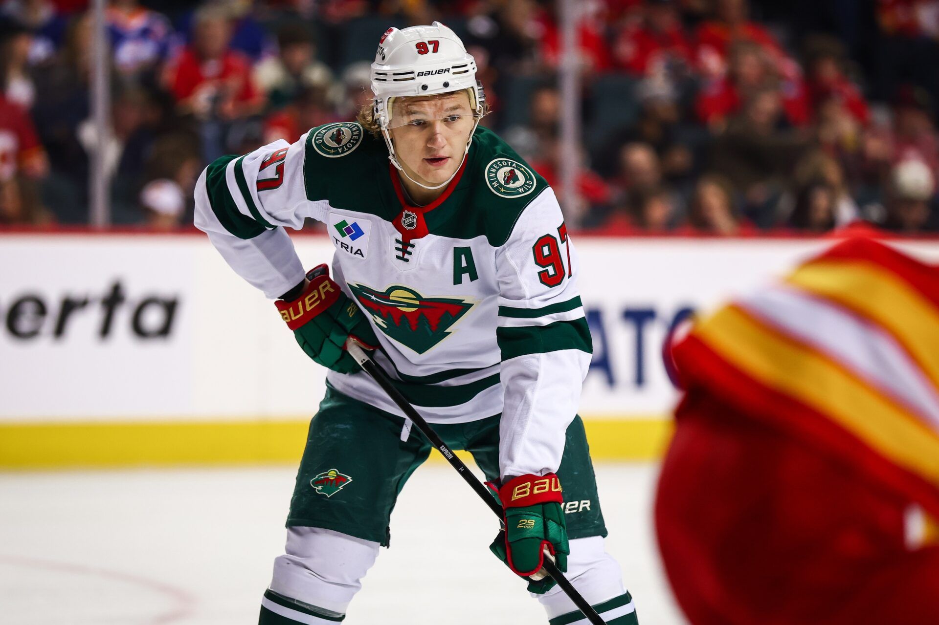 Minnesota Wild left wing Kirill Kaprizov (97) during the face off against the Calgary Flames during the first period at Scotiabank Saddledome.