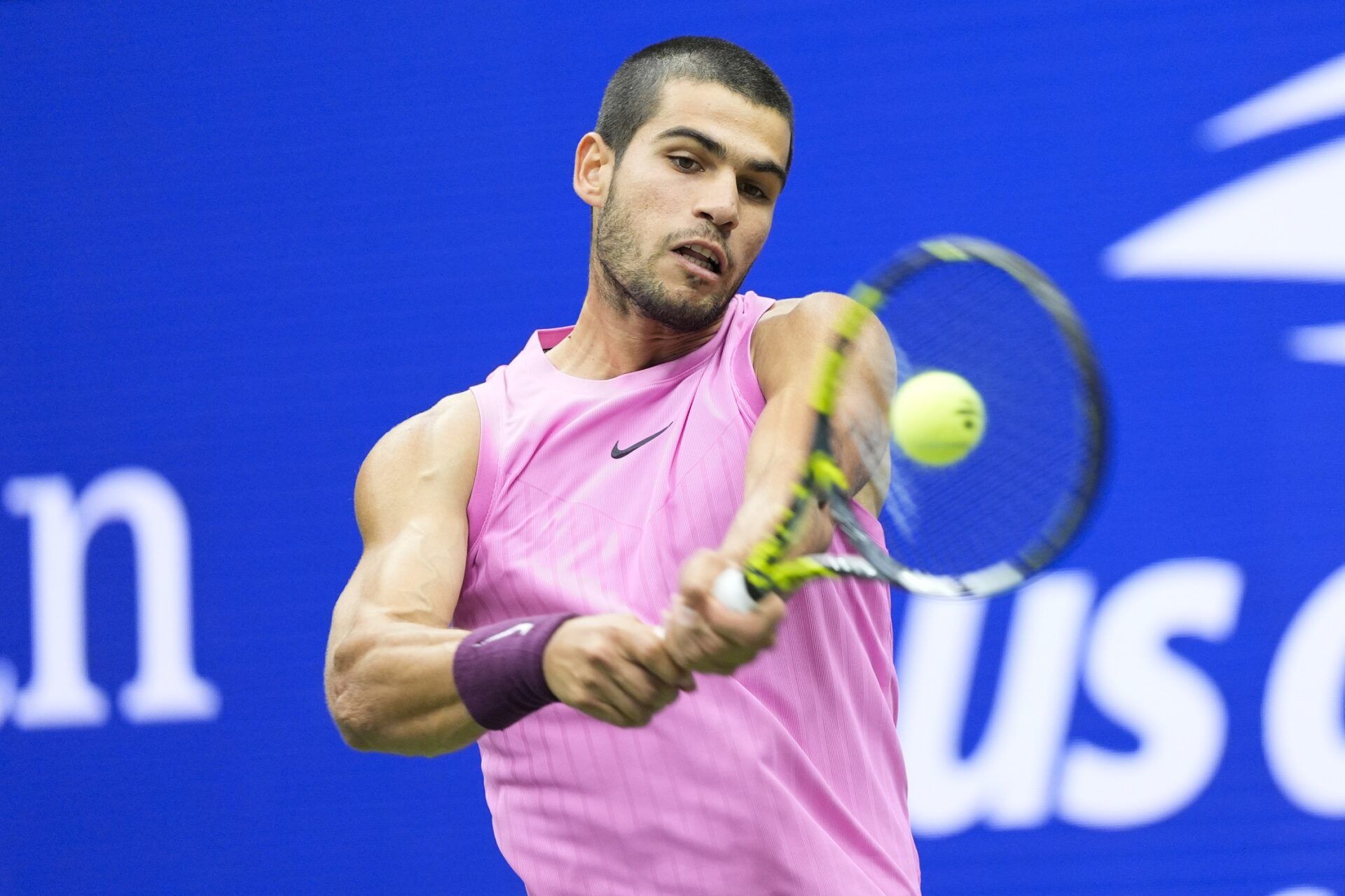 Carlos Alcaraz (ESP) in action against Jannik Sinner (ITA) (not pictured) during the final of mens singles at Billie Jean King National Tennis Center.
