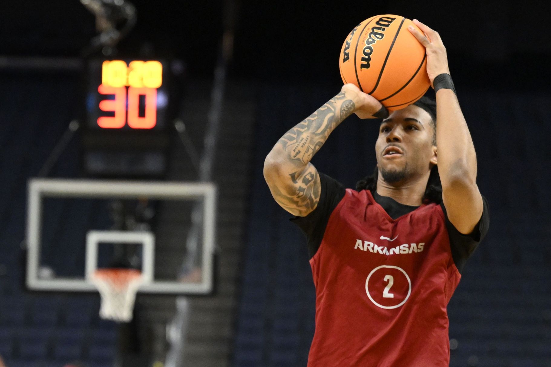 Arkansas Razorbacks guard Boogie Fland (2) shoots the basketball during NCAA Tournament West Regional Practice at Chase Center.