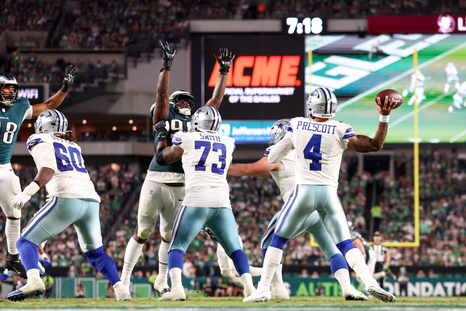 Dallas Cowboys quarterback Dak Prescott (4) passes the ball against the Philadelphia Eagles during the fourth quarter of the game at Lincoln Financial Field.
