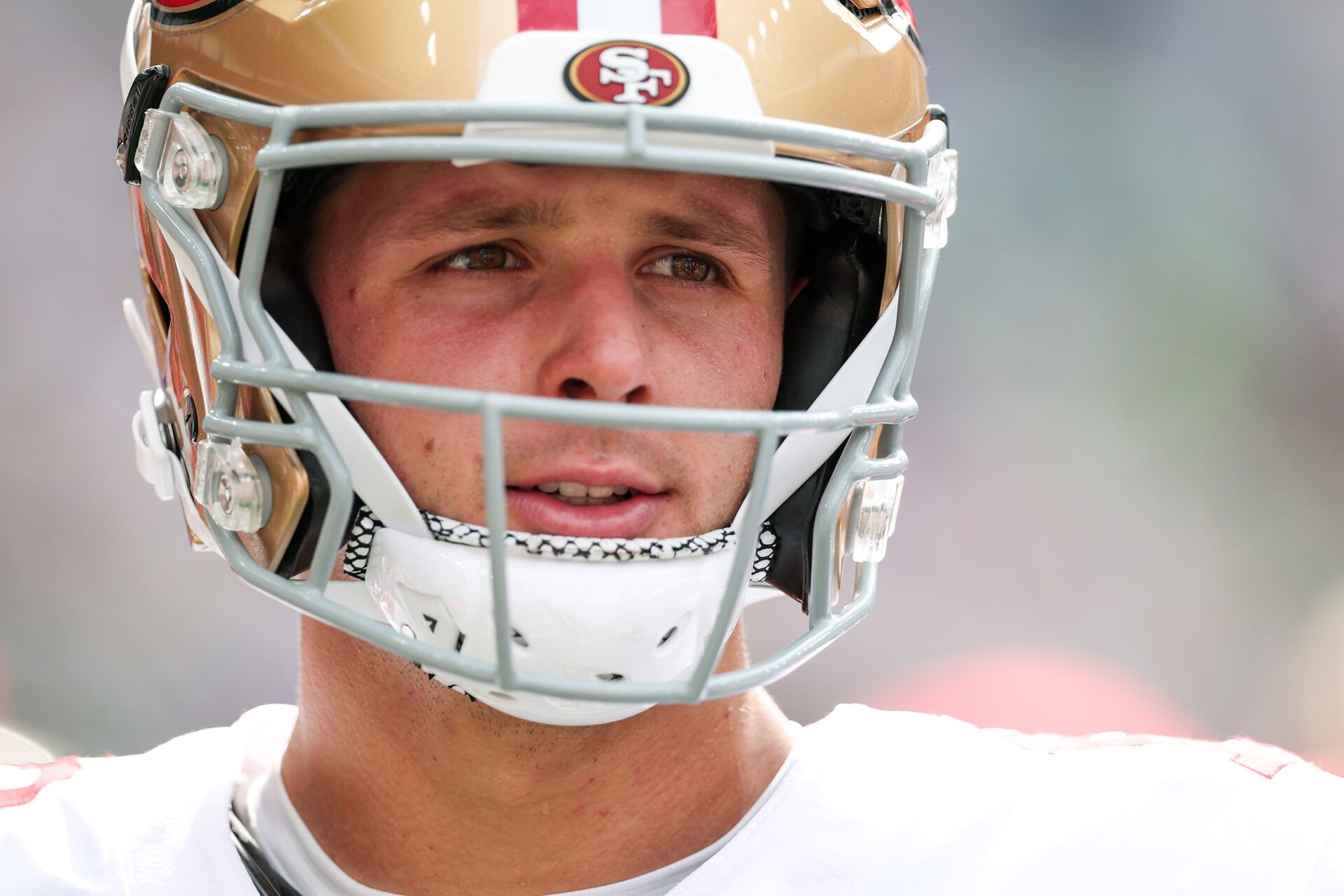 SEATTLE, WASHINGTON - SEPTEMBER 07: Brock Purdy #13 of the San Francisco 49ers looks on during the NFL 2025 game between San Francisco 49ers and Seattle Seahawks at Lumen Field on September 07, 2025 in Seattle, Washington. (Photo by Steph Chambers/Getty Images)