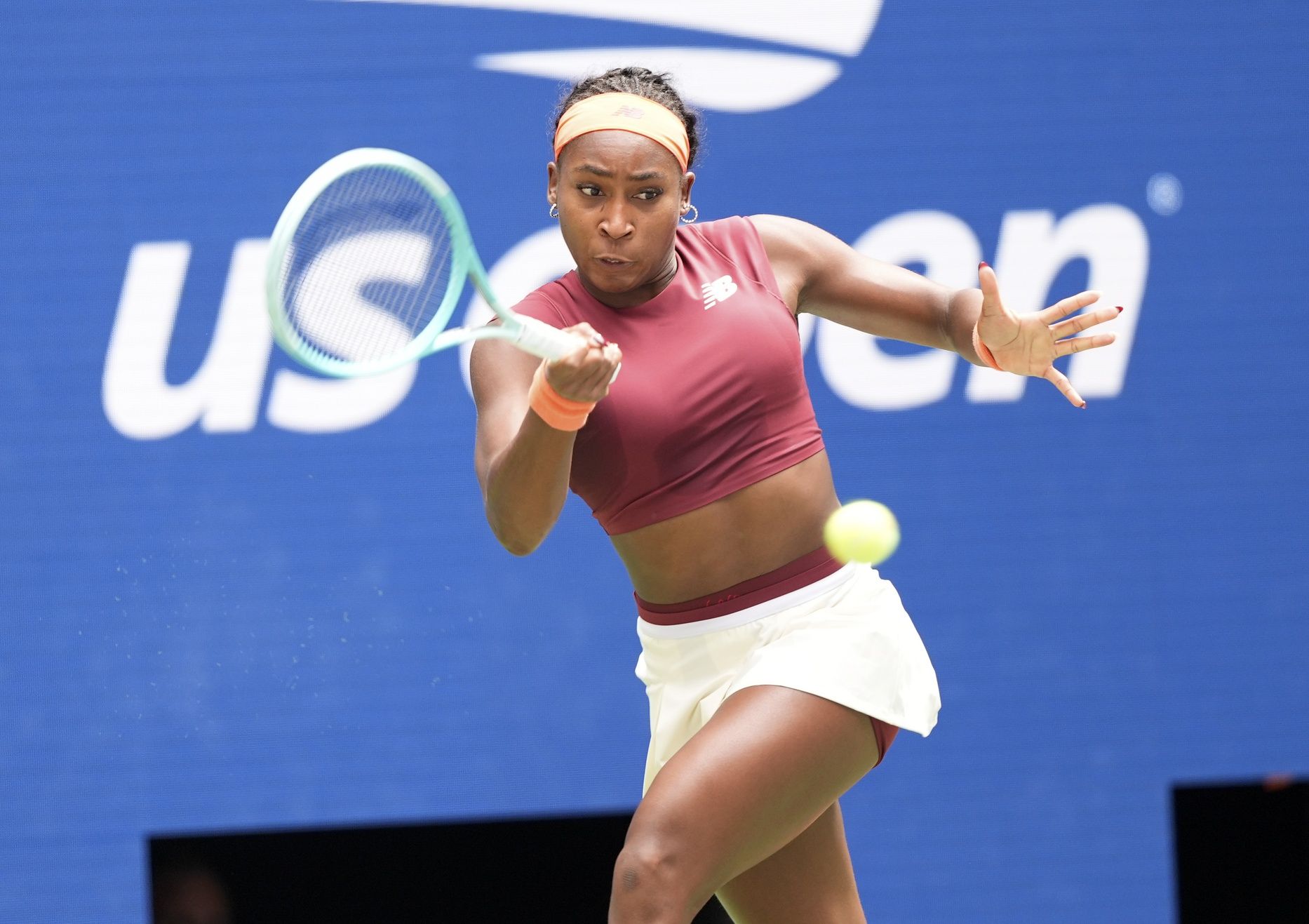 Coco Gauff (USA) hits to Naomi Osaka (JPN) (not pictured) on day nine of the 2025 U.S. Open tennis tournament at the USTA Billie Jean King National Tennis Center.