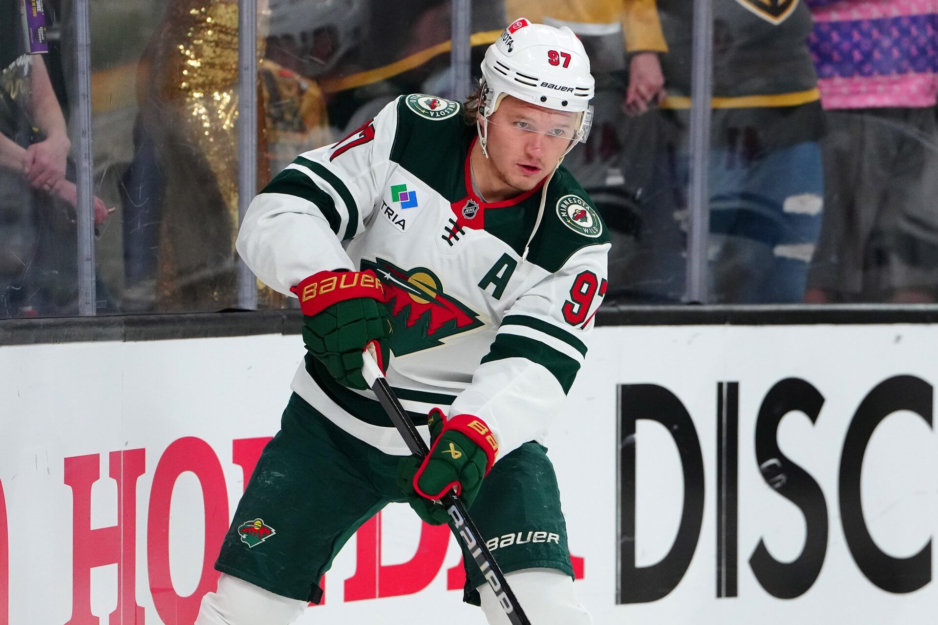 Minnesota Wild left wing Kirill Kaprizov (97) warms up before the start of game five of the first round of the 2025 Stanley Cup Playoffs against the Vegas Golden Knights at T-Mobile Arena.
