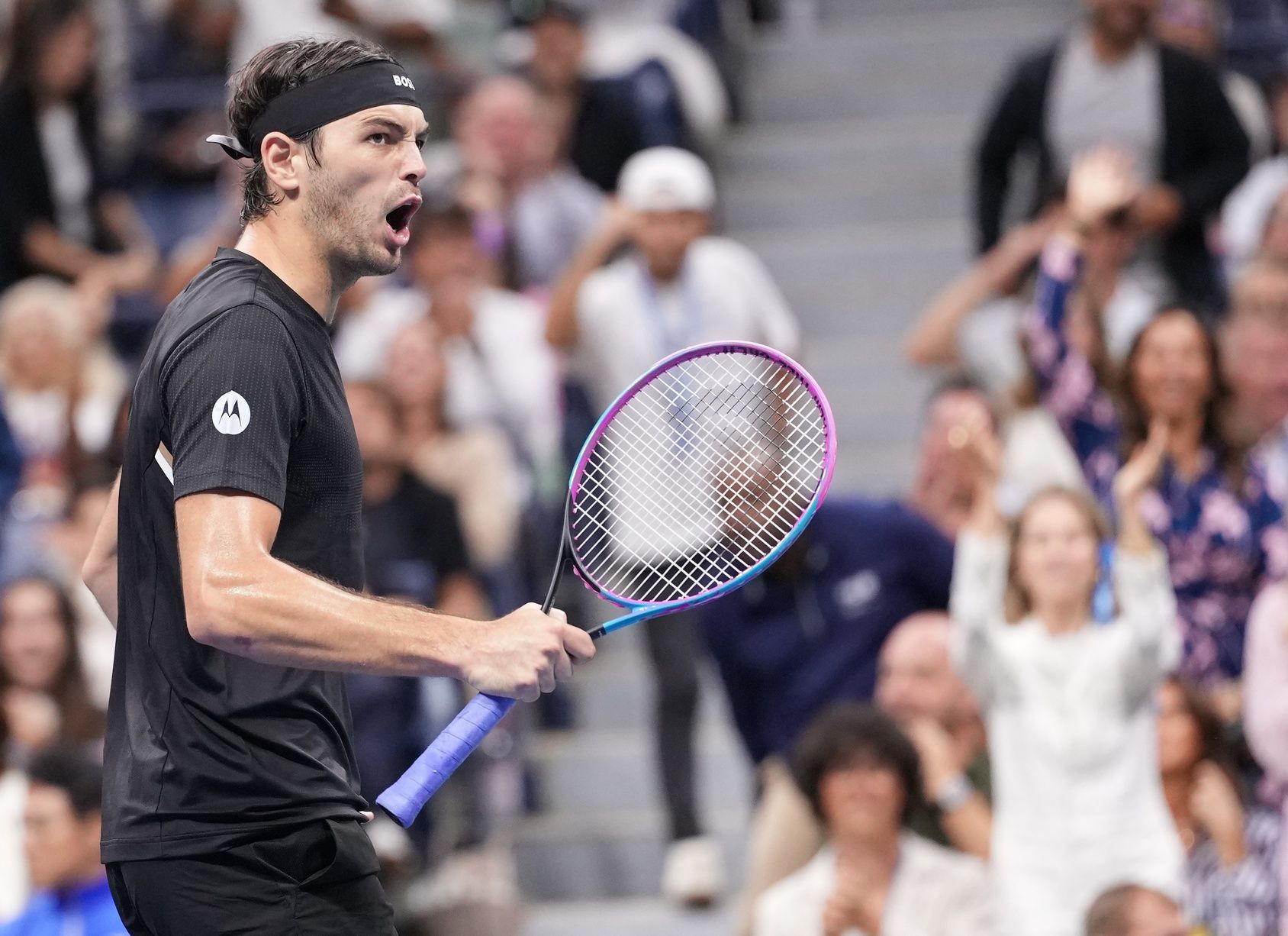 Taylor Fritz (USA) reacts to winning a service break in the 3rd set against Novak Djokovic (SRB) (not pictured) on day ten of the 2025 U.S. Open tennis tournament at the USTA Billie Jean King National Tennis Center.