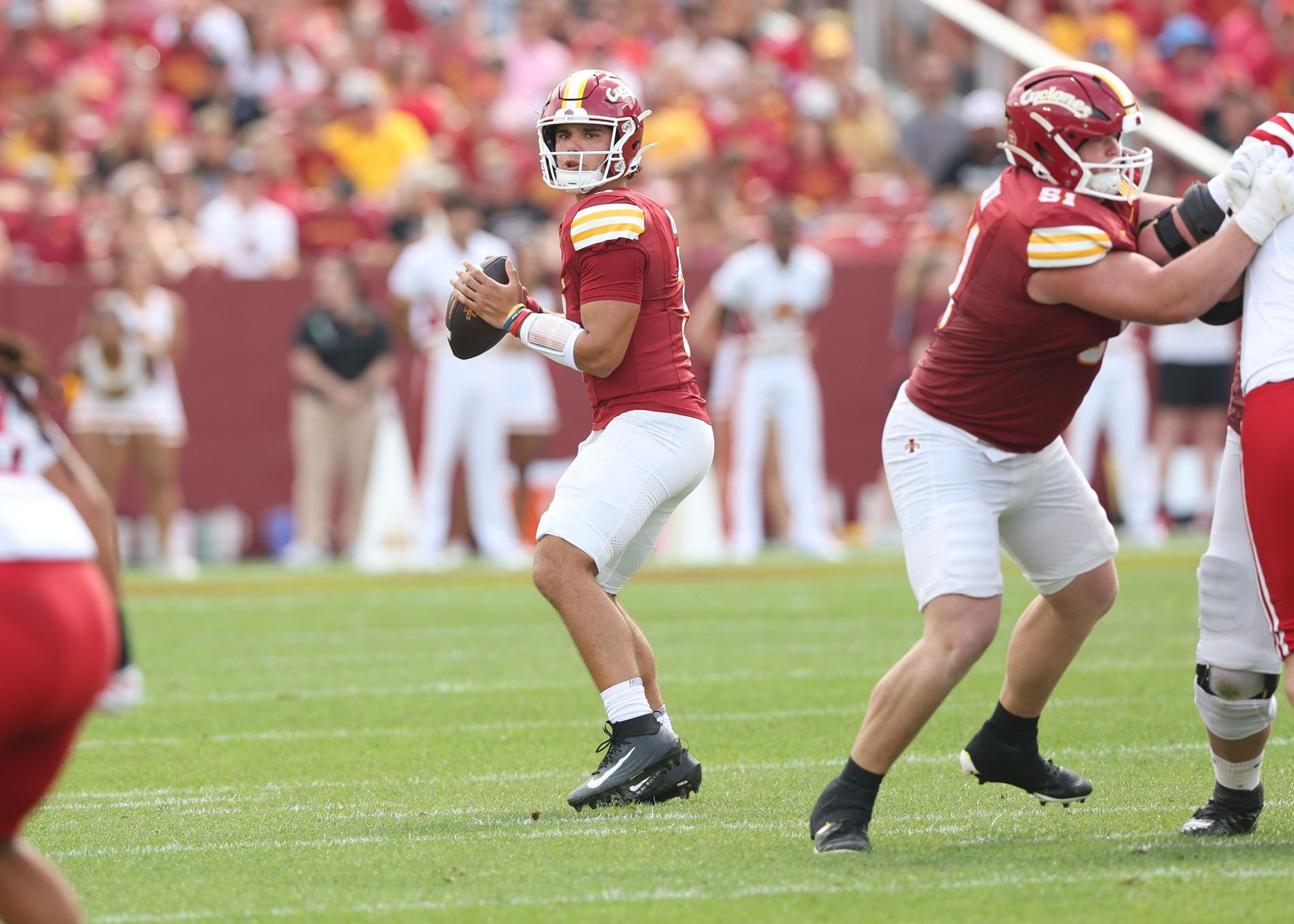 Iowa State Cyclones quarterback Rocco Becht (3) sits in the pockets to throw a pass against the South Dakota Coyotes at Jack Trice Stadium.
