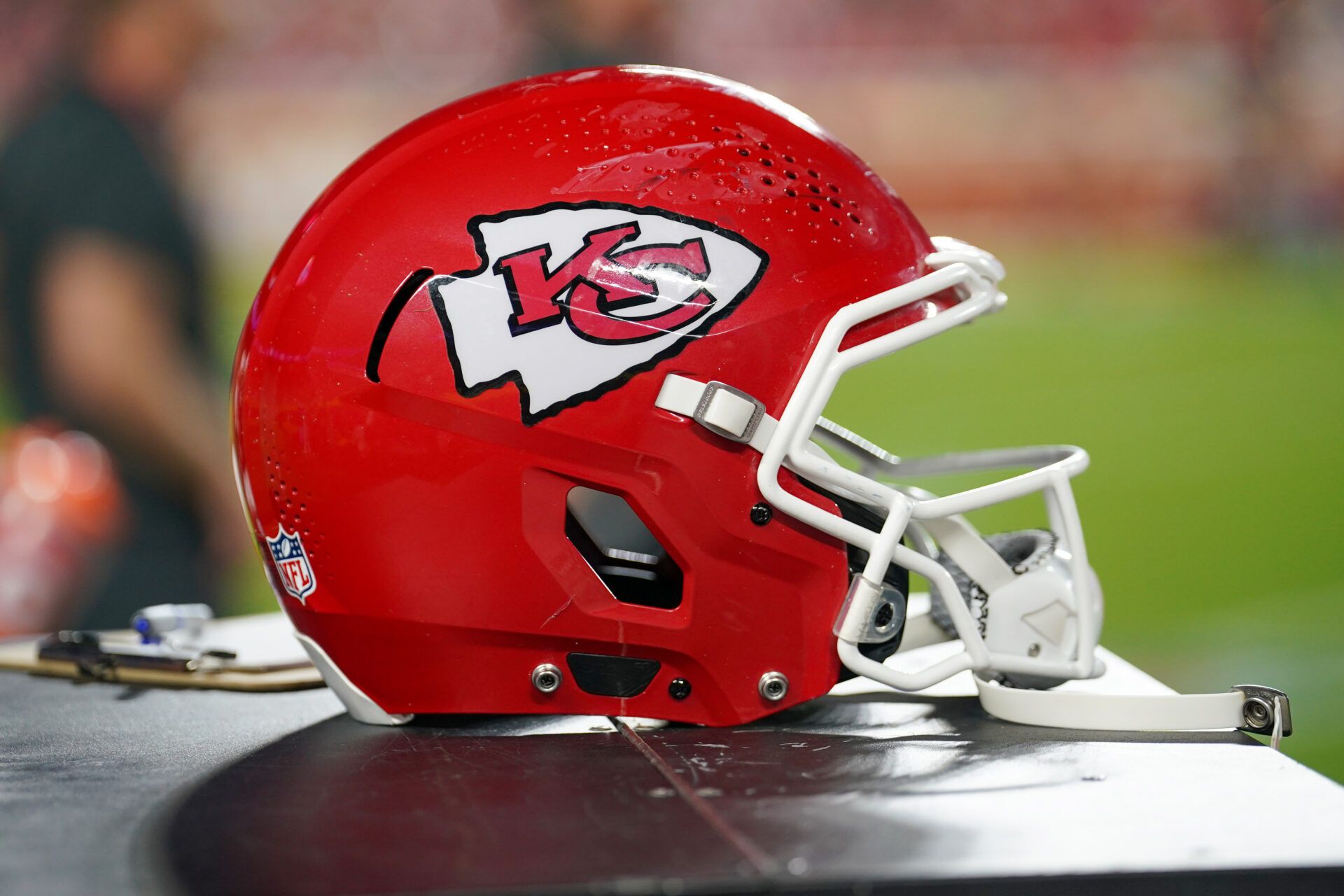 A general view of a Kansas City Chiefs helmet against the Chicago Bears during the first half of the game at GEHA Field at Arrowhead Stadium.