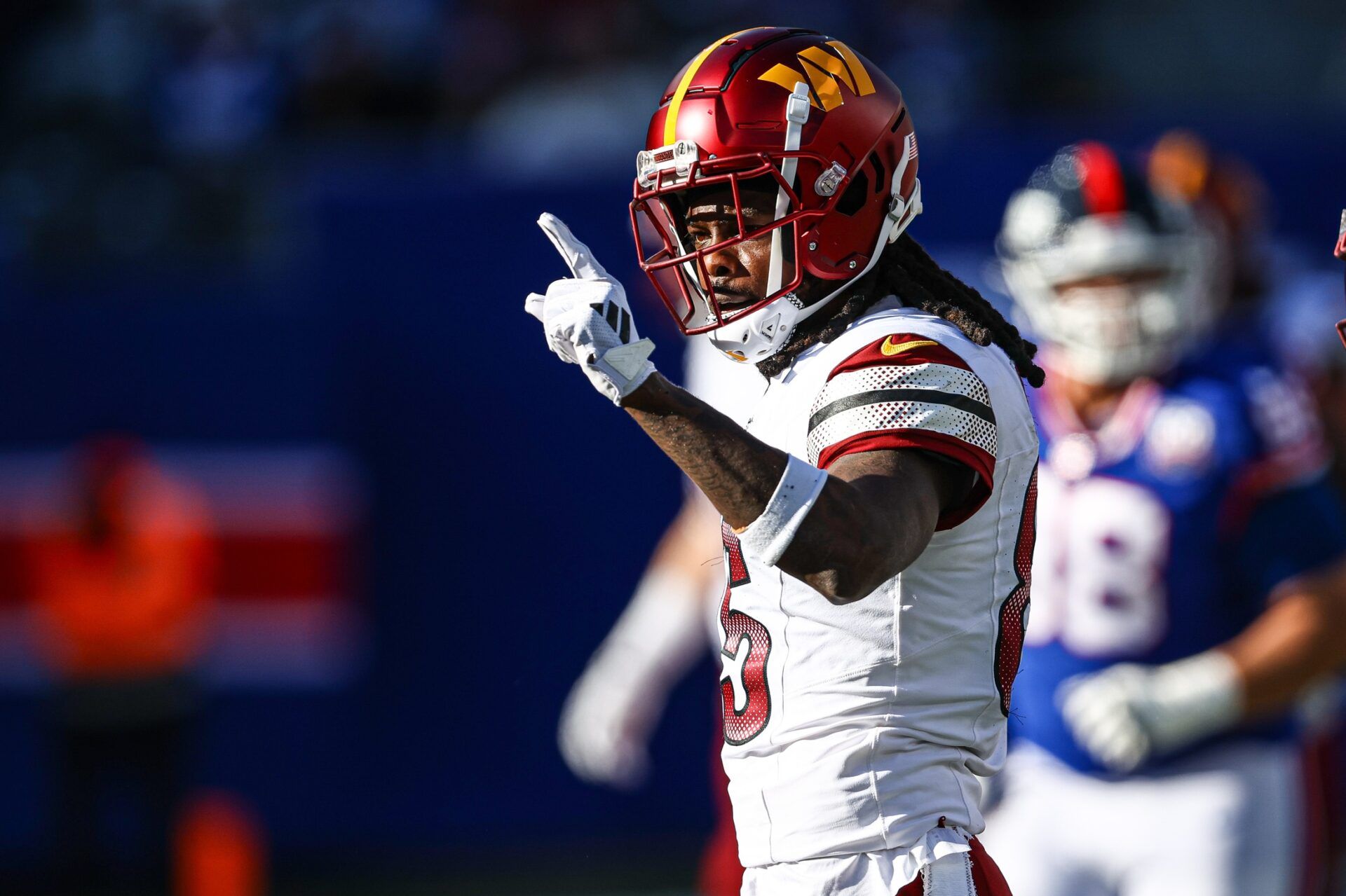 Washington Commanders wide receiver Noah Brown (85) reacts after a first down reception during the first half against the New York Giants at MetLife Stadium.