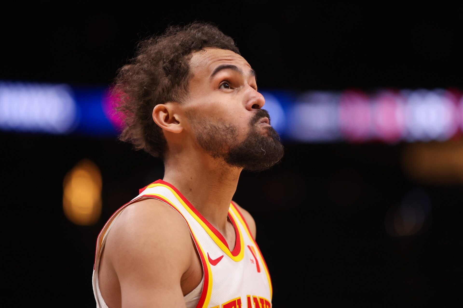 Atlanta Hawks guard Trae Young (11) reacts after a foul call against the New Orleans Pelicans in the fourth quarter at State Farm Arena.
