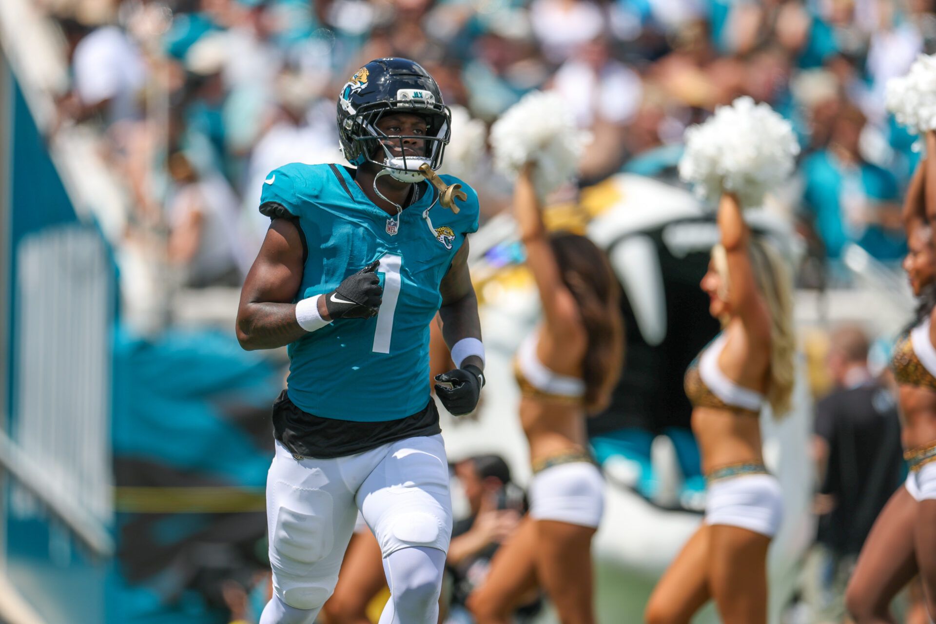 Jacksonville Jaguars running back Travis Etienne Jr. (1) takes the field prior to a game against the Carolina Panthers during the first half at EverBank Stadium.