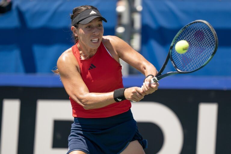 Jessica Pegula (USA) returns a shot against Julia Grabher (AUT) in the Billie Jean King Cup tie against Austria at Delray Beach Tennis Center.
