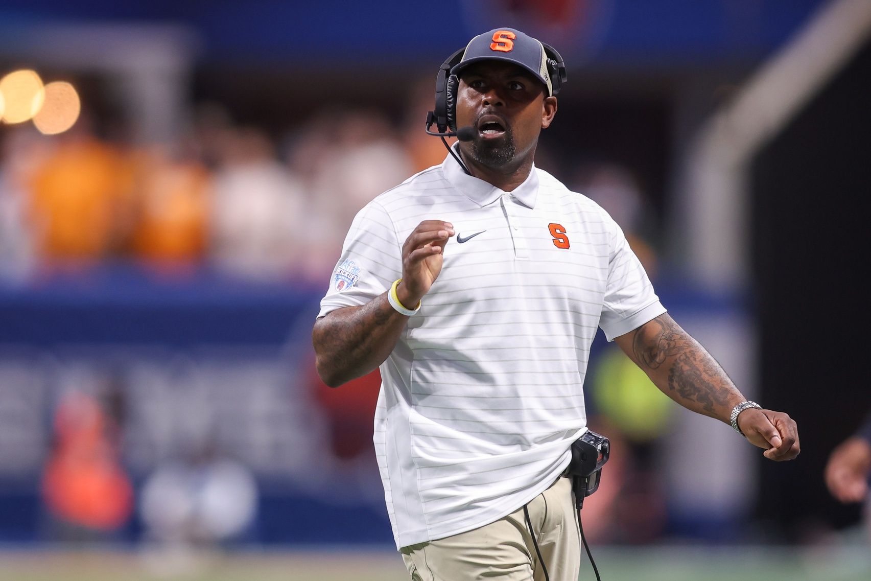 Syracuse Orange head coach Fran Brown on the sideline against the Tennessee Volunteers in the second quarter at Mercedes-Benz Stadium.