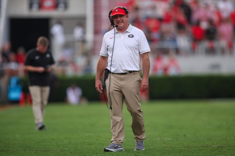 Georgia Bulldogs head coach Kirby Smart on the field against the Austin Peay Governors in the fourth quarter at Sanford Stadium.