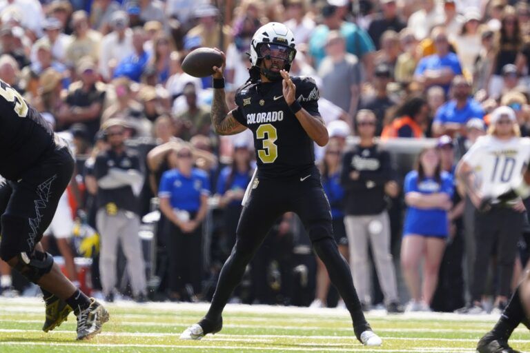 Colorado Buffaloes quarterback Kaidon Salter (3) prepares to pass the ball n the first quarter against the Delaware Fightin Blue Hens at Folsom Field.