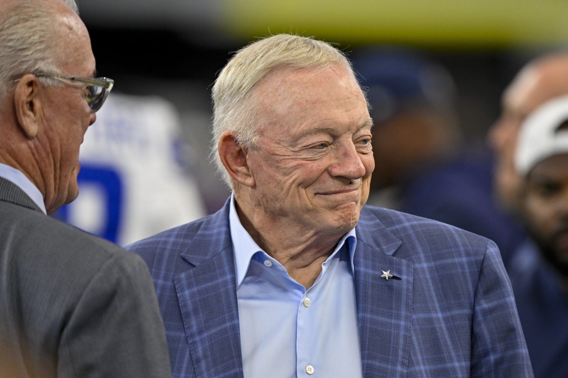 Dallas Cowboys owner Jerry Jones (left) looks on before the game against the Baltimore Ravens at AT&T Stadium.