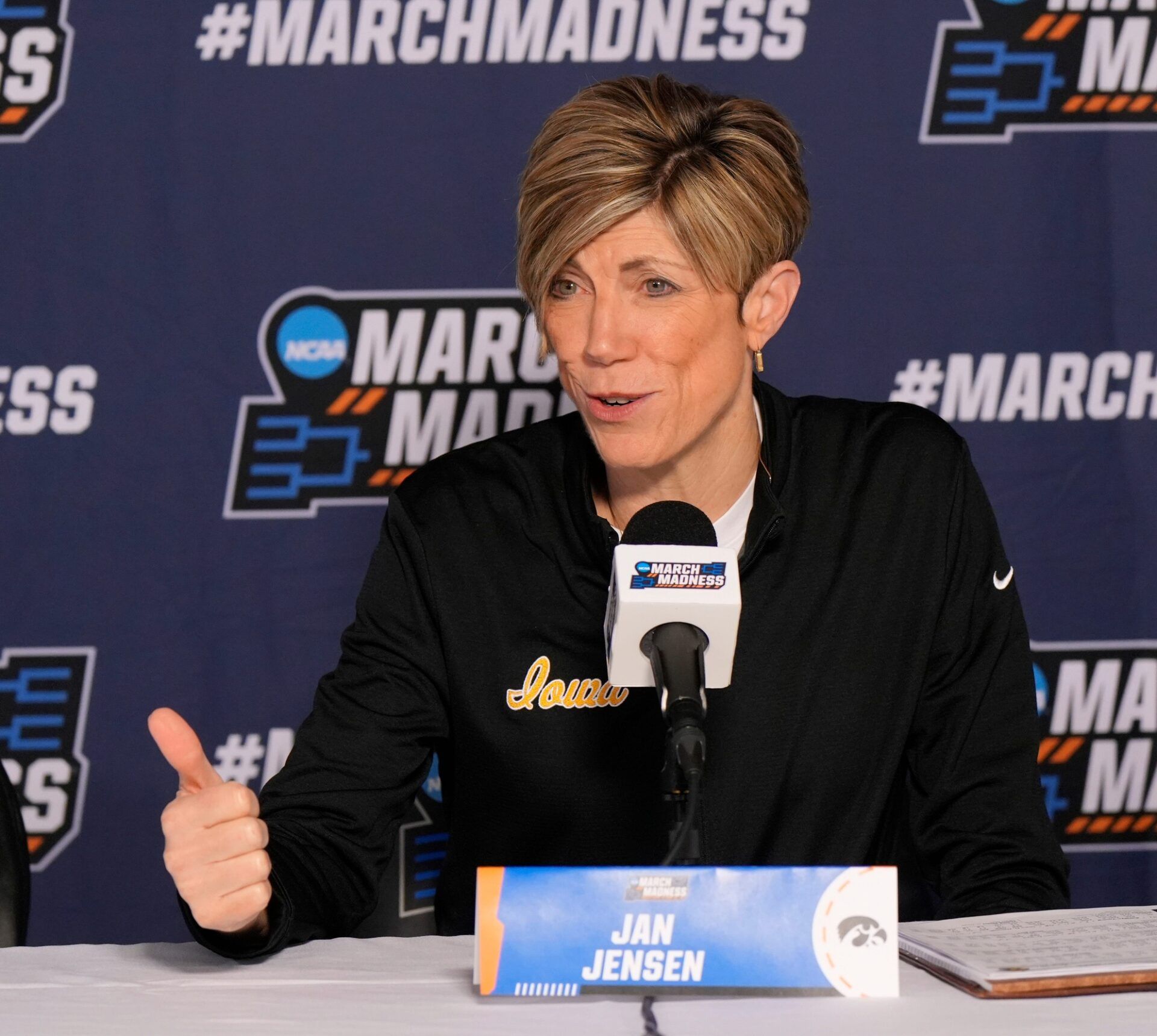 Iowa coach Jan Jensen at NCAA Women's basketball first round at the Lloyd Noble Center on the University of Oklahoma campus in Norman, Oklahoma Friday, March 21, 2025.
