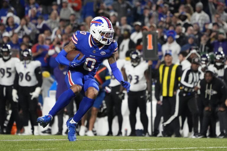 Buffalo Bills wide receiver Keon Coleman (0) runs the ball during the fourth quarter against the Baltimore Ravens at Highmark Stadium.