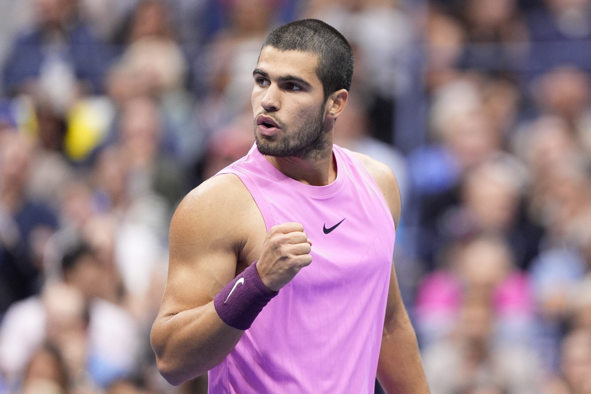 Carlos Alcaraz (ESP) reacts against Jannik Sinner (ITA) (not pictured) during the final of mens singles at Billie Jean King National Tennis Center.
