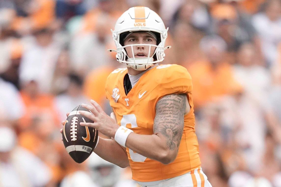 Tennessee quarterback Joey Aguilar (6) looks to pass during a college football game between Tennessee and ETSU at Neyland Stadium in Knoxville, Tennessee, on September 6, 2025.