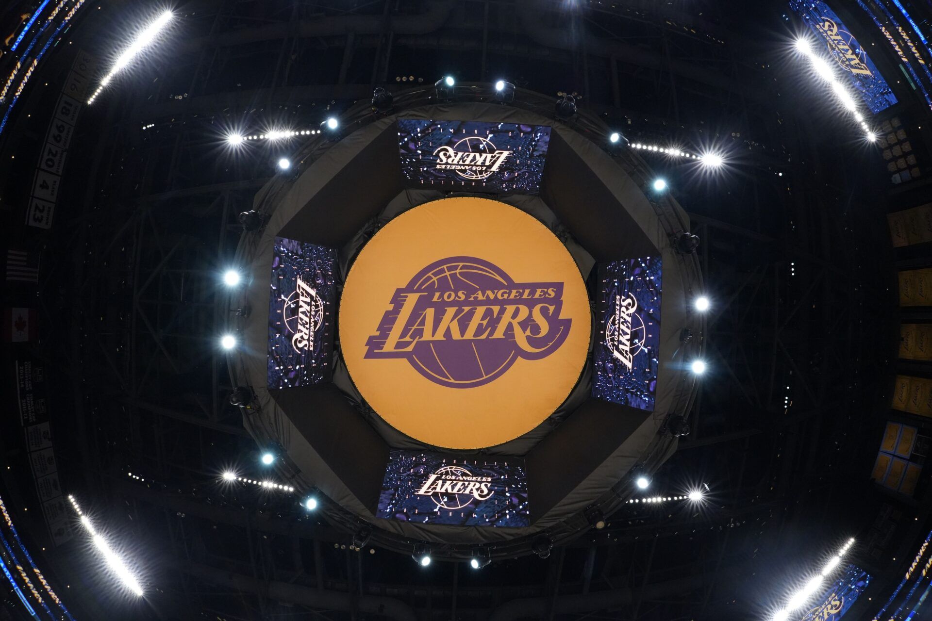 THe Los Angeles Lakers logo on the video board at Crypto.com Arena.