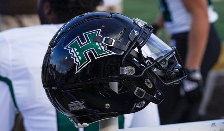 A general view of the Hawaii Rainbow Warriors football helmet during a game against the Wyoming Cowboys at Jonah Field at War Memorial Stadium.