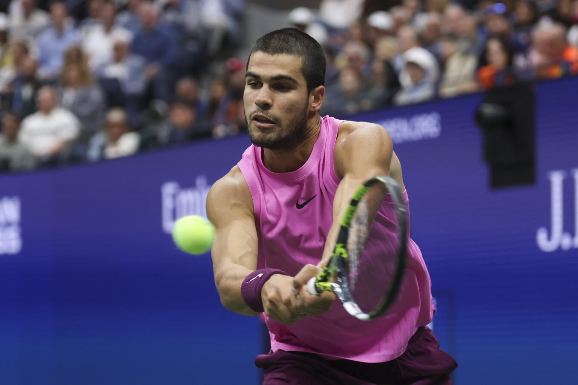 Carlos Alcaraz (ESP) in action against Jannik Sinner (ITA) (not pictured) during the final of mens singles at Billie Jean King National Tennis Center.