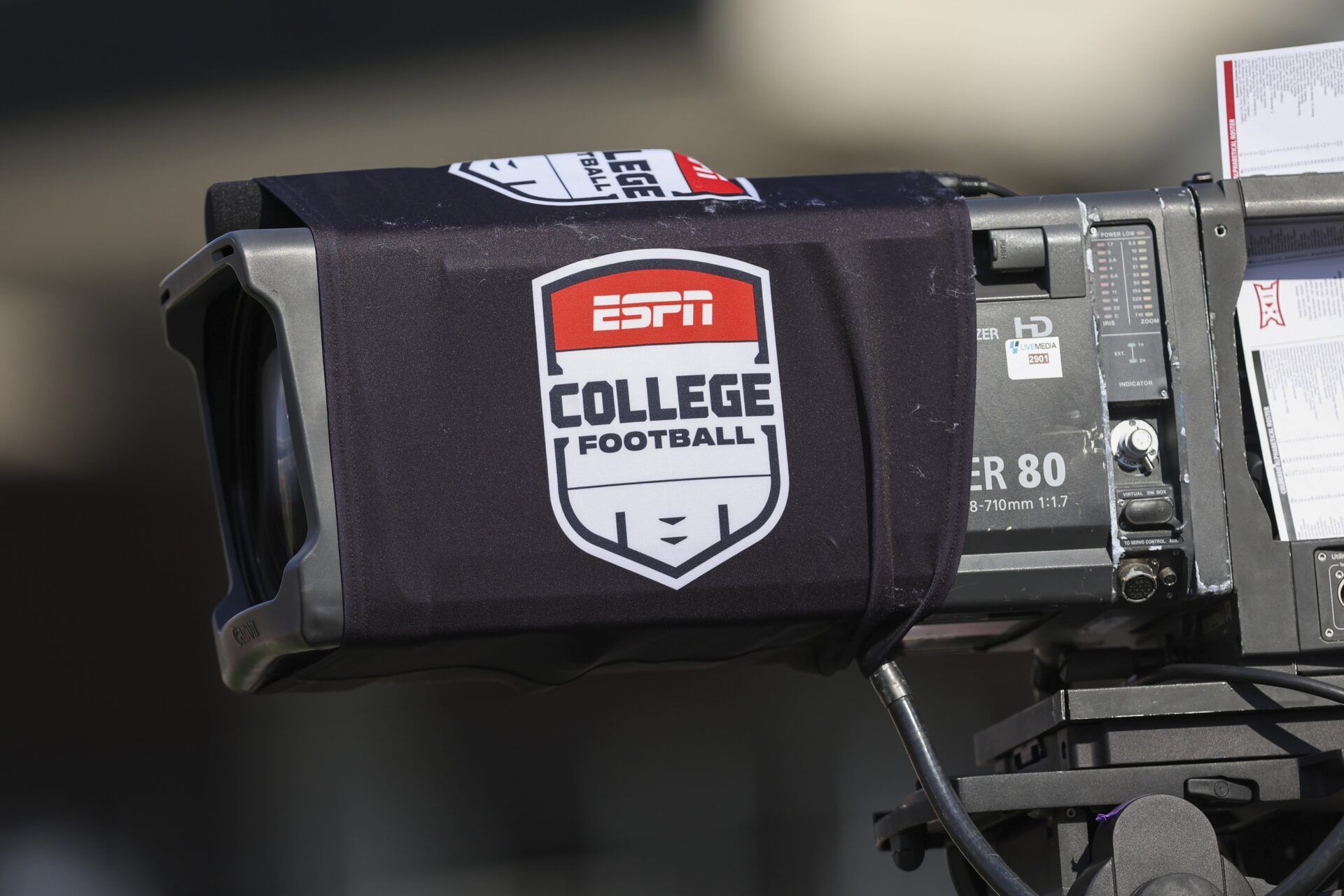 General view of a television camera with an ESPN college football sleeve before the game between the Houston Cougars and the Colorado Buffaloes at TDECU Stadium.