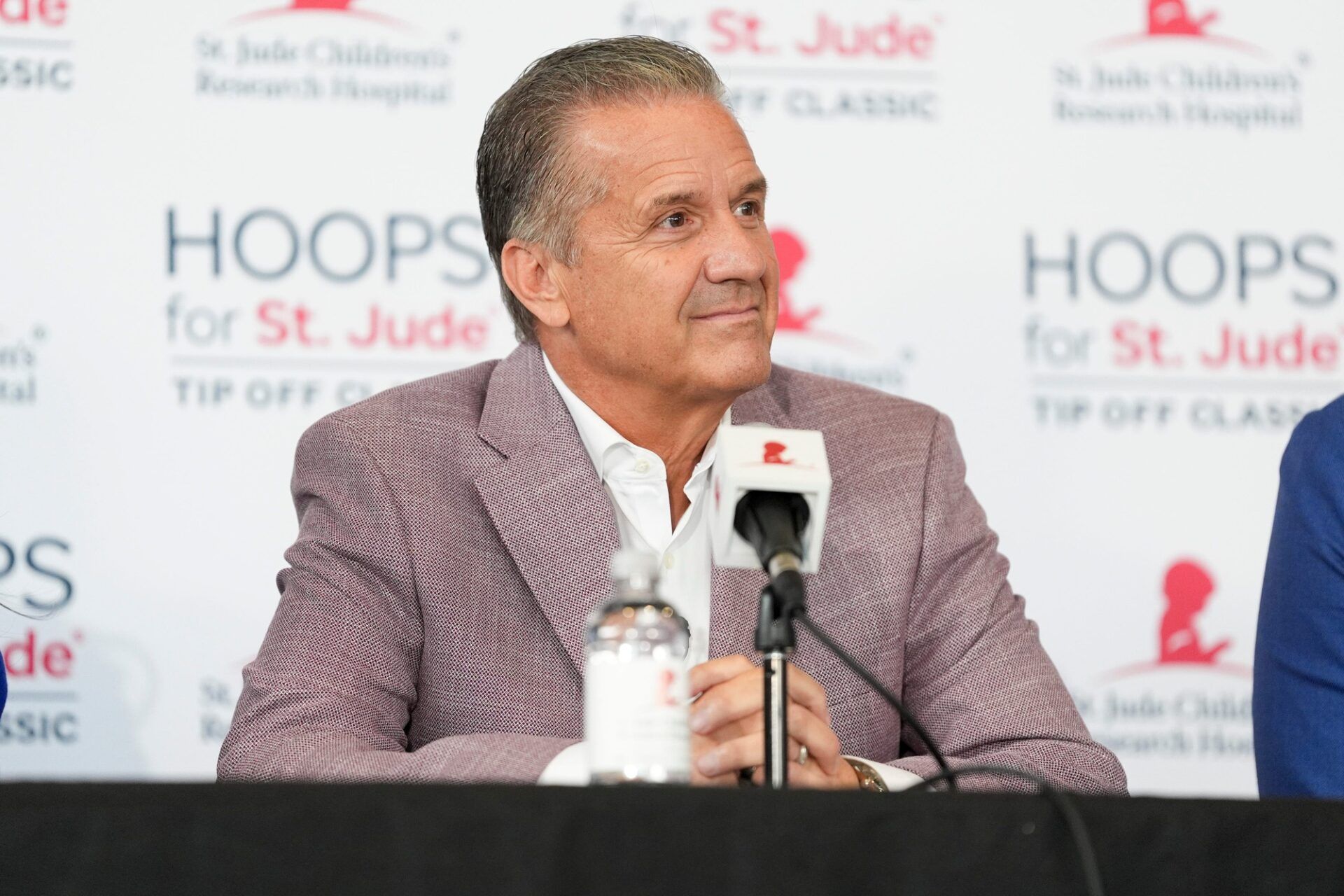 Arkansas men’s basketball head coach John Calipari listens to a question during a press conference for the Hoops for St. Jude Tip Off Classic at FedExForum on September 2, 2025.