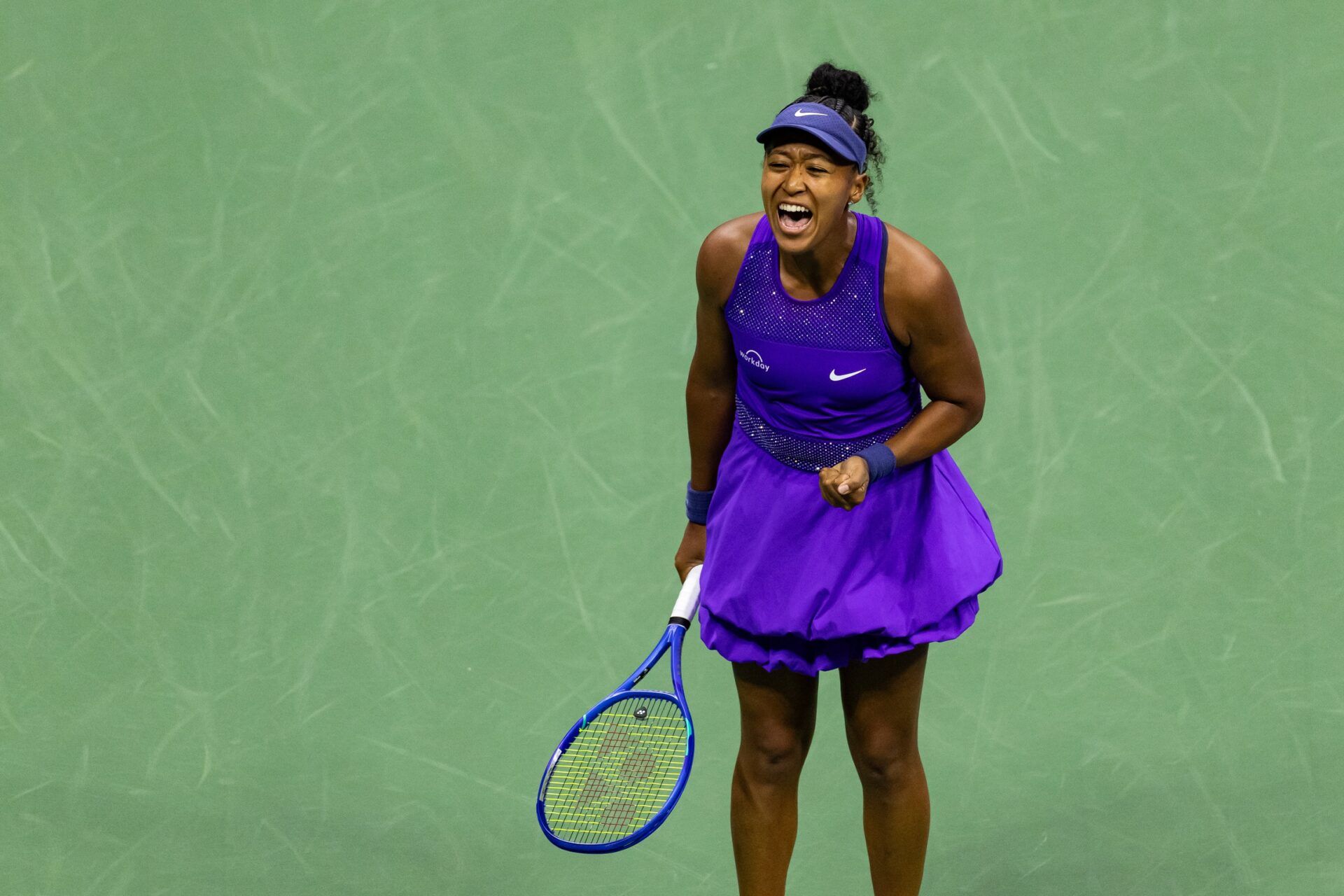 Naomi Osaka of Japan in action against Amanda Anisimova of the United States in the semifinal of the women’s singles at the US Open at Arthur Ashe Stadium in Billie Jean King National Tennis Center.