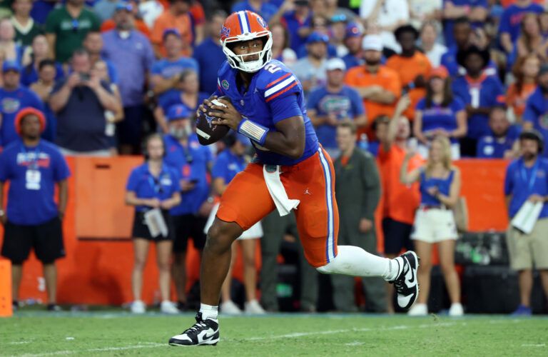Florida Gators quarterback DJ Lagway (2) drops back against the South Florida Bulls during the second half at Ben Hill Griffin Stadium.