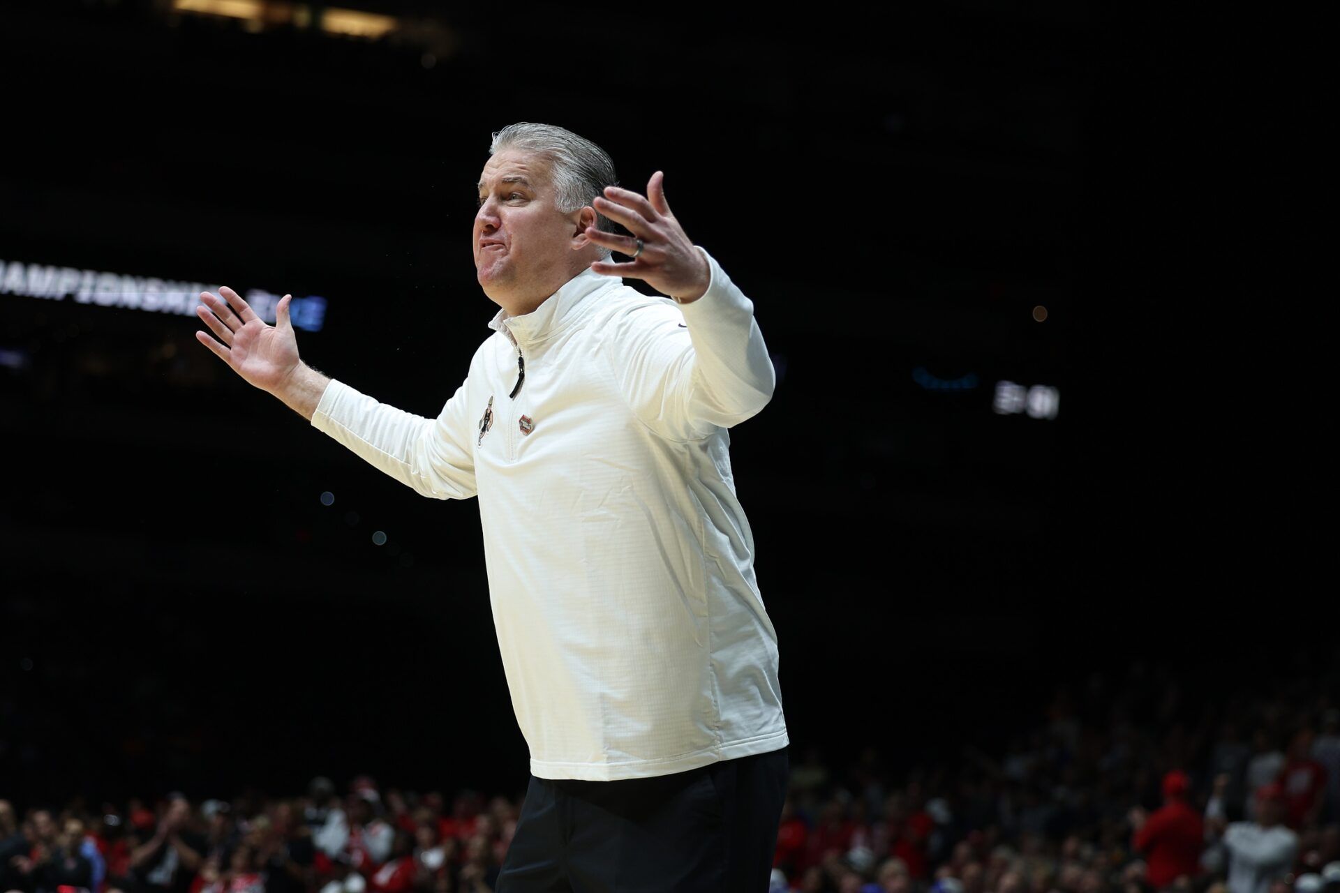 Purdue Boilermakers head coach Matt Painter reacts against the Houston Cougars in the first half during a Midwest Regional semifinal of the 2025 NCAA tournament at Lucas Oil Stadium.