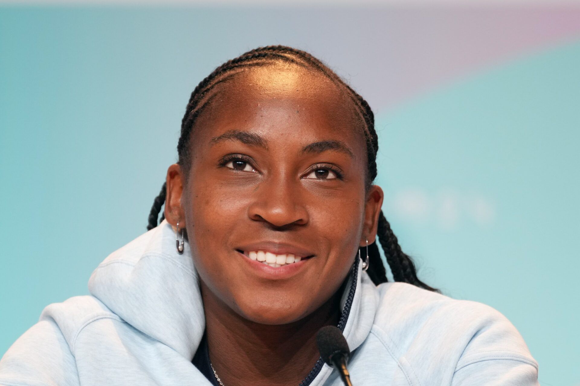 USA opening ceremonies female flag bearer Coco Gauff at a press conference at the Paris 2024 Olympics main press center at the Palais des congres de Paris.