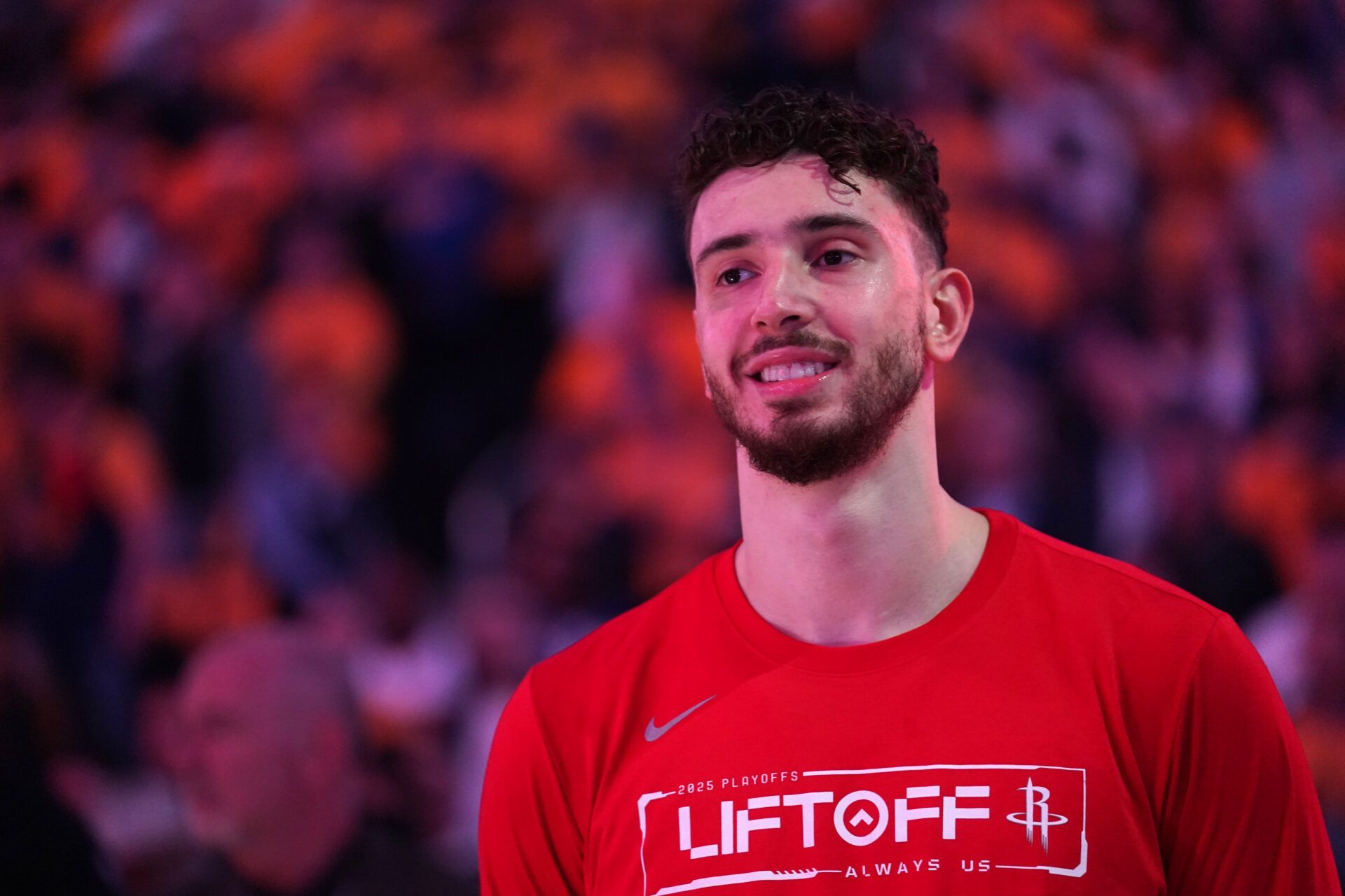 Houston Rockets center Alperen Sengun (28) stands on the court against the Golden State Warriors before the start of game six of the first round for the 2025 NBA Playoffs at Chase Center.