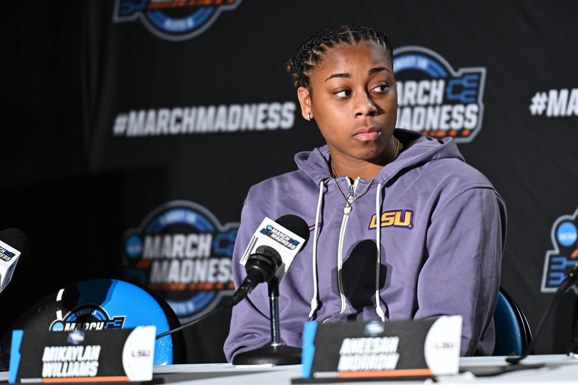 LSU Lady Tigers guard Mikaylah Williams talks with media during an NCAA Tournament practice session at Spokane Arena.