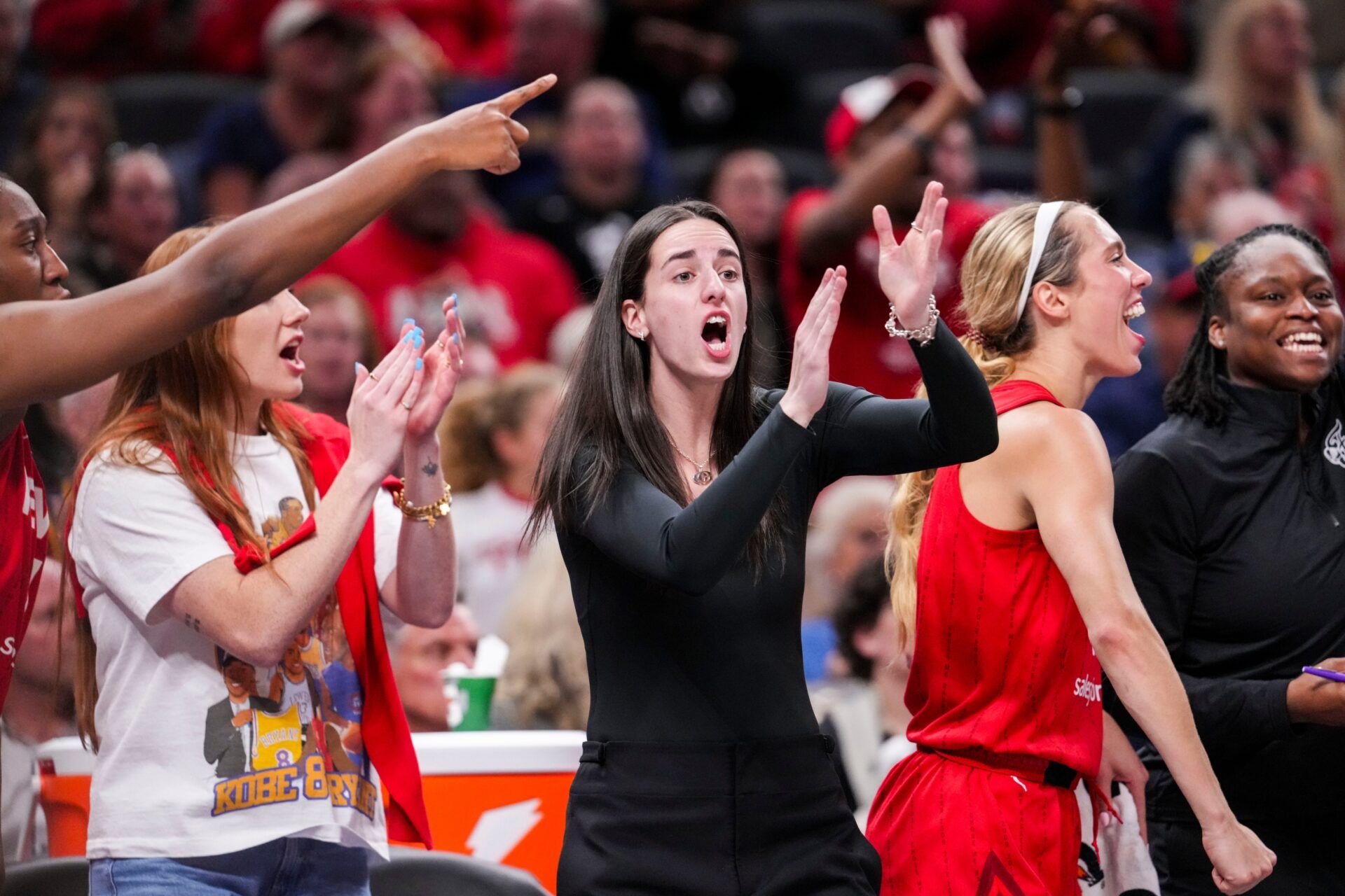 Indiana Fever guard Caitlin Clark (22) and the team react to the action Friday, Sept. 5, 2025, during a game between the Indiana Fever and the Chicago Sky at Gainbridge Fieldhouse in Indianapolis.